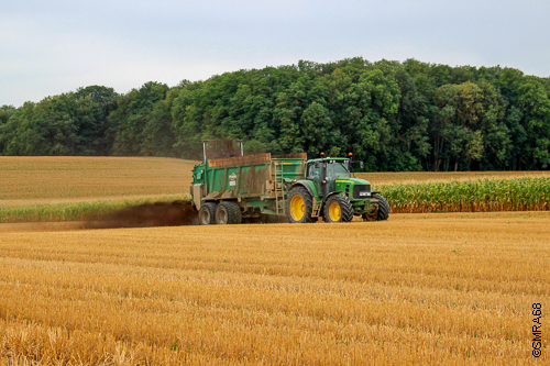 Epandage de compost de boues sur chaumes de blé en été